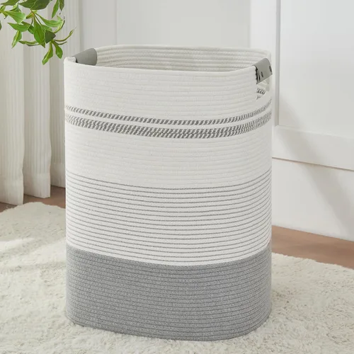 Miniatura 18 de AINUOQI Cesta de Ropa Sucia Grande Cesta de Lavandería con Asas de Cuero, Cesta de Almacenamiento Decorativa de Cuerda de Algodón Tejida para Yute