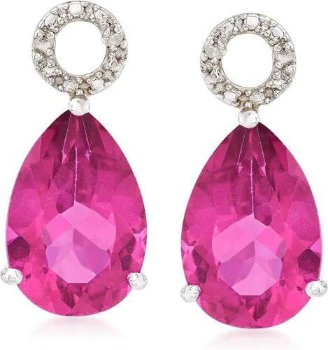 Miniatura 3 de Ross-Simons Pendientes de aro de topacio rosa de 6,50 quilates con detalles de diamante en plata de ley, 1.0in