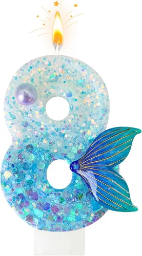 Miniatura 16 de Vela de sirena número 3, decoración de pastel de cola de sirena azul para decoración de fiesta de cumpleaños y aniversario de niñas (número 3)