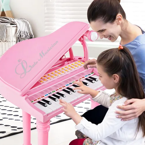 Miniatura 8 de Costzon Piano para niños, mini teclado de juguete de piano de cola de 31 teclas con micrófono, taburete y luces, piano electrónico portátil, juguete