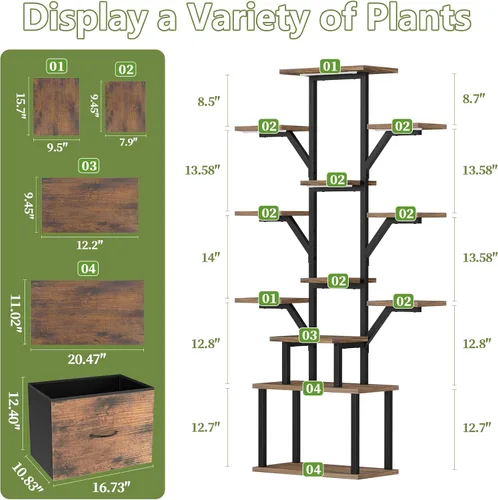 Miniatura 7 de Soporte para plantas de interior con luces de crecimiento, estante de metal de 12 niveles con cajón, soporte grande de 65 pulgadas para plantas
