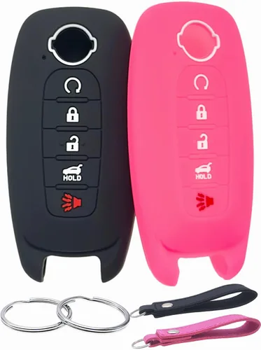 REPROTECTING Funda de goma de silicona para llavero compatible con Nissan Pathfinder Rogue Kicks (5 botones, negro/rosa)