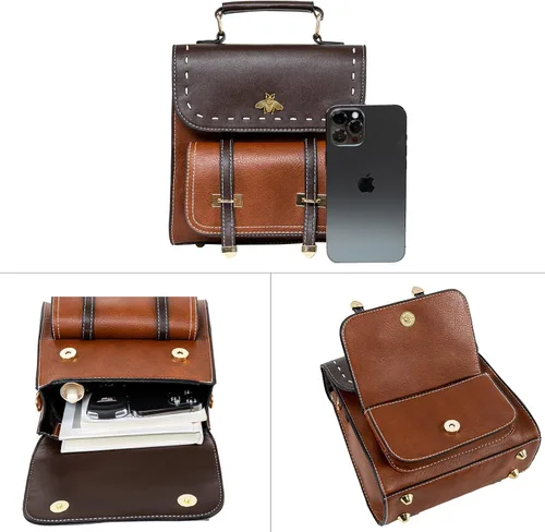 Miniatura 3 de KOOIJNKO Mochila pequeña de moda para mujer, estilo retro, estilo casual, diseño de contraste de color, Marrón, Mochilas Daypack