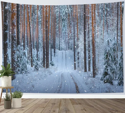 Miniatura 10 de LB Tapiz de Bosque de Nieve de Invierno, Pino Negro y Verde con Copo de Nieve Blanco Tapiz de Pared para Dormitorio, Arte de Pared de Paisaje