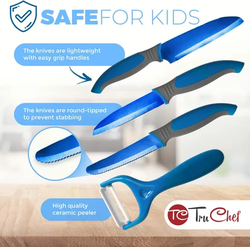 Miniatura 3 de TruChef Juego de cuchillos para niños de 5 piezas Cuchillos de cocina de acero inoxidable real con pelador, hoja dentada y soporte de Juego