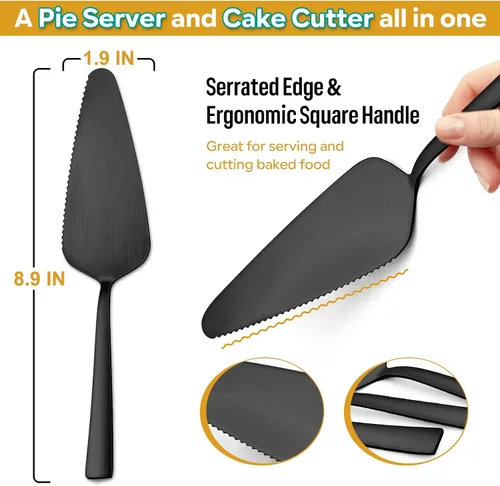 Miniatura 2 de E-far - Juego de 5 servidores de pastel negro mate, cortador de acero inoxidable de 8.9 pulgadas para pasteles y pizza de queso, borde dentado