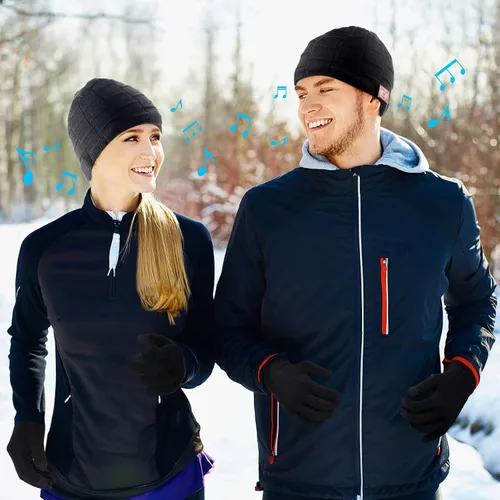 Miniatura 5 de Honoson El juego de gorros Bluetooth incluye 2 gorros inalámbricos con Bluetooth, guantes para pantalla táctil (negro, clásico)