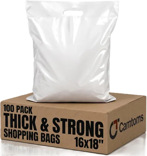 Bolsas de plástico grandes de 16 x 18 pulgadas con asas, bolsas de plástico grandes con asas, paquete de 100 bolsas gruesas para mercancía para