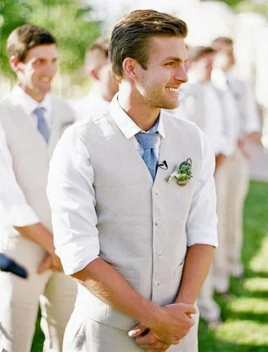 Miniatura 6 de Trajes de lino para hombre, 2 piezas, traje de esmoquin de graduación, playa, boda, padrino, chaleco y pantalones, conjunto casual de lino de verano