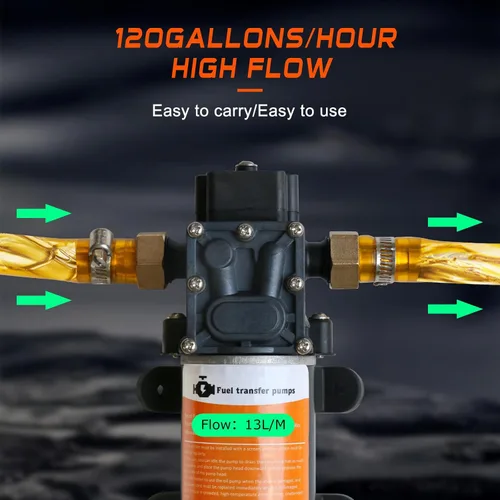 Miniatura 5 de Juego de bomba de transferencia de combustible de 12 V, mueve hasta 120 galones de gas o diésel por hora con motor de 80 W CC, adecuado
