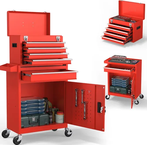 Miniatura 10 de Cofre de herramientas de 5 cajones, caja de herramientas rodante 2 en 1 con ruedas y cajones, caja de herramientas de almacenamiento desmontable