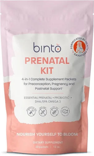 Binto Kit prenatal - Suplementos 4 en 1 para mamá y bebé saludables - Suministro para 30 días - Multivitamínico, probióticos, hierro, DHA, folato