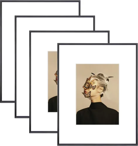 9x12 Picture Frame Set of 4, Matted Black Simple Modern Brushed Thin Aluminum Metal Photo Frame Fits 6x8 with Mat or 9 x 12 without Mat Vertical and