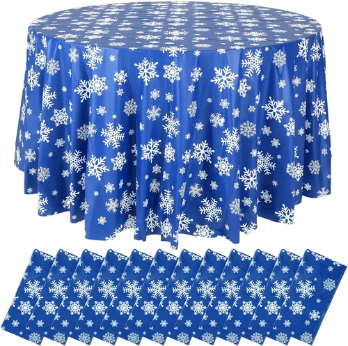 Miniatura 8 de Sliner 3 Piezas Mantel de Navidad de Invierno con Copos de Nieve Mantel de Invierno Redondo de Plástico para Fiesta 83.9 Pulgadas Mantel de Navidad