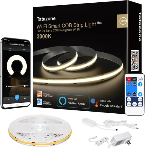 Miniatura 10 de Tatazone Tira de luz LED COB blanca inteligente con aplicación y control remoto, tira de luz COB brillante de 32.8 pies 6500 K WiFi funciona