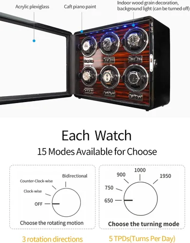Miniatura 3 de Oryx - 6 bobinadoras de reloj para relojes automáticos, caja de reloj giratoria de madera, 15 modos de rotación, vitrina con luz LED, motor Mabuchi