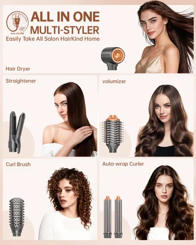 Miniatura 2 de Cepillo secador de pelo Air Styler: herramientas de doble voltaje 7 en 1 con alisador de aire caliente, rizadores de envoltura automática