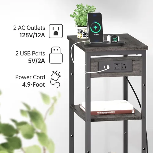 Miniatura 6 de Asgolion - Mesita alta con estación de carga, mesa auxiliar estrecha de 3 niveles con almacenamiento, mesa de noche delgada con puertos USB y tomas