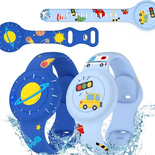Paquete de 2 pulseras impermeables de AirTag para niños, lindo soporte de AirTag de dibujos animados para niños, silicona suave, cobertura completa,