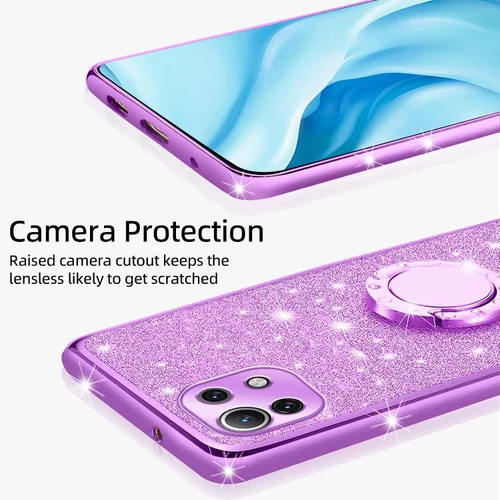 Miniatura 4 de Funda para Xiaomi Mi 11 Lite 4G/5G, cubierta protectora de TPU suave con cristal de purpurina con soporte de anillo 360, púrpura brillante Purpura