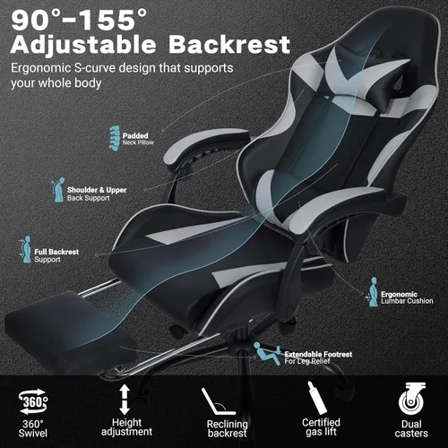 Miniatura 3 de FAB&Deluxe Silla de juegos, silla ergonómica de oficina para computadora con reposapiés y soporte lumbar, silla de escritorio ajustable en altura