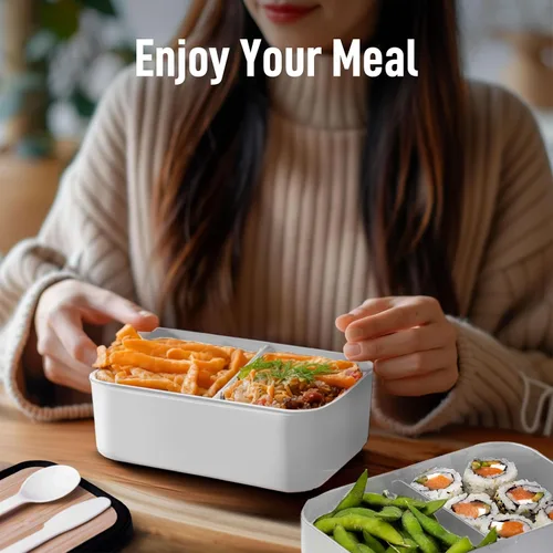 Miniatura 9 de KARRICO Caja Bento Doble Premium para Adultos, 67 onzas líquidas sin BPA - Lonchera Apilable Color Crema con Tapas y Divisores a Prueba de Fugas