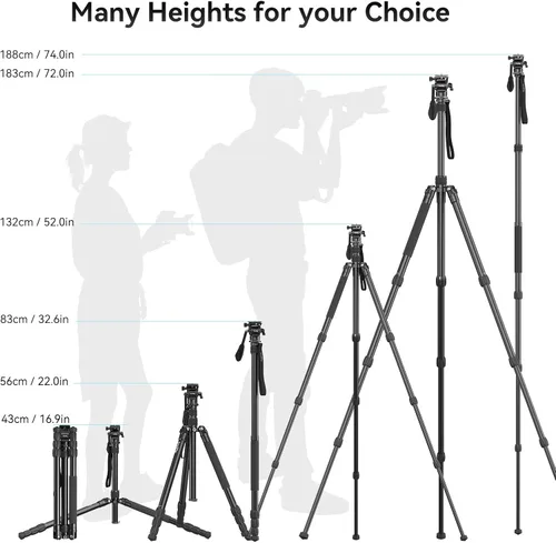 Miniatura 3 de SmallRig CT180 Trípode de Video, Trípode de Cámara de 72" Monopie con Cabezal Fluido, Trípode de Cámara de Aluminio, Cabezal Fluido Panorámico