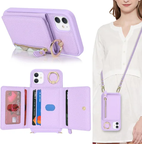 Miniatura 10 de Funda para iPhone 8 Plus con Portarjetas, Funda de Teléfono para iPhone 8 Plus con Correa Bandolera Cordón Anillo de Soporte, Funda Cartera iPhone 7