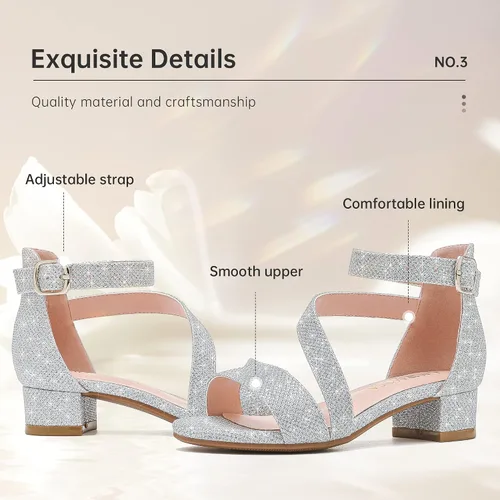 Miniatura 6 de Sandalias para niñas, tacones para niños, puntera abierta, correa al tobillo, zapatos de vestir, flores para boda, fiesta para niños pequeños