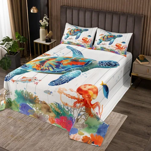 Miniatura 12 de Erosebridal Juego de colcha náutica, juego de edredón de lancha de vela, faro, acuarela con temática oceánica, juego de ropa de cama de verano
