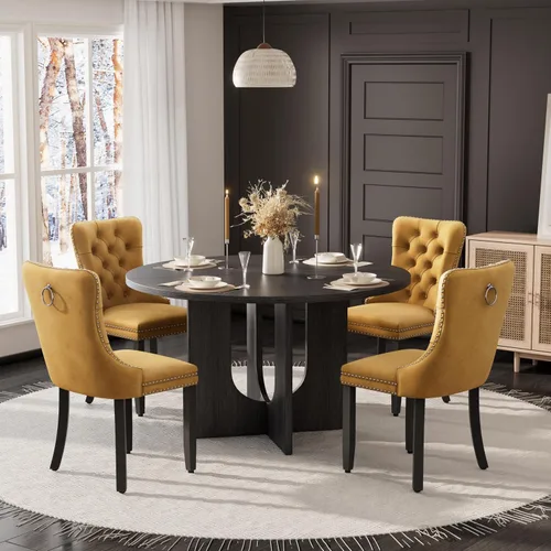 Miniatura 21 de Mesa de comedor redonda de 47 pulgadas para juego de mesa de cocina rústica de 6,7 piezas, mesa de comedor de granja, sillas negras de alta gama