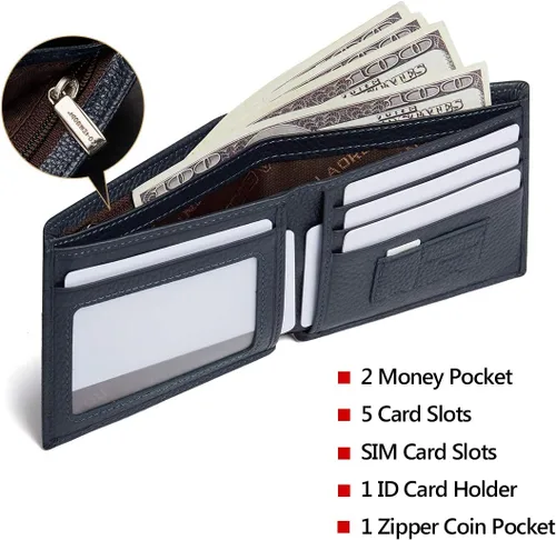 Miniatura 24 de LAORENTOU Billeteras de cuero genuino para hombre, billeteras plegables con cremallera, bolsillo para monedas, casual, cartera delgada