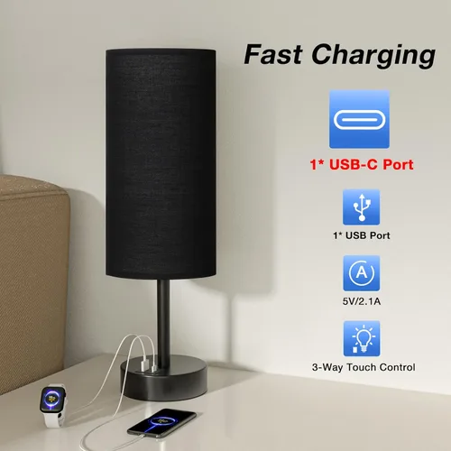 Miniatura 2 de Lámparas de mesita táctiles negras para niñas - Lámpara de noche pequeña con puertos de carga USB-C y USB, lámpara de mesa de control de 3 vías
