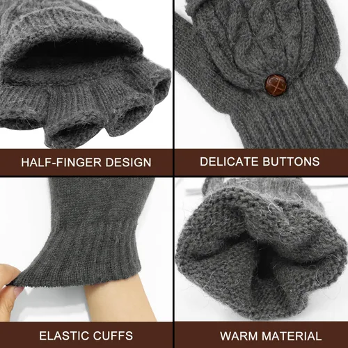 Miniatura 23 de Beurlike Guantes de invierno para mujer, de lana cálida, a prueba de viento, convertibles, sin dedos