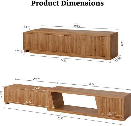 Miniatura 2 de Epecoya Soportes de TV extensibles de 98 pulgadas para sala de estar, soporte de TV extralargo de madera con estante y cajones ajustables, consola