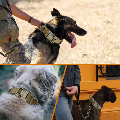 Miniatura 6 de Celifelight Collar táctico para perro, nailon ajustable, hebilla de metal resistente con asa, funda protectora Airtag, marrón, L, razas medianas