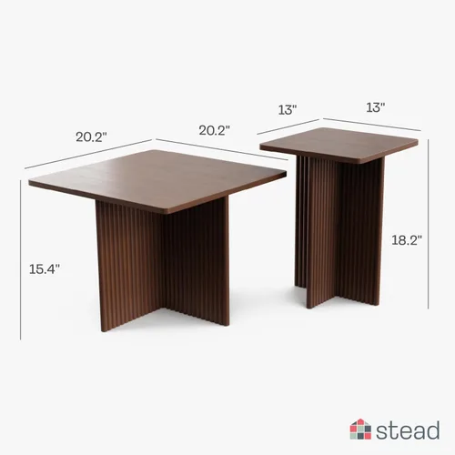 Miniatura 9 de Stead Mesas de centro cuadradas estriadas anidables, juego de mesa auxiliar de 2 piezas, escritorio moderno para bebidas para sala de estar, Nogal
