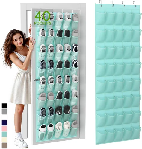 Miniatura 11 de Organizador de zapatos colgante sobre la puerta con 40 bolsillos grandes de malla transpirable, soporte de zapatos que ahorra espacio, estante