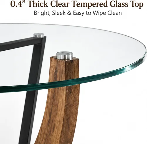 Miniatura 4 de 5-Piece Round Glass Dining Table Set for 4, 48” Modern Dining Room Table with Wood Grain Base, Brown Suede Upholstered Chairs with Black Metal Legs