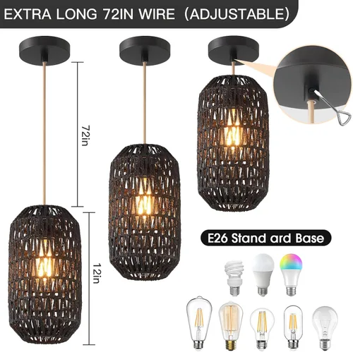 Miniatura 4 de Ruzectt Luminarias Colgantes Luces Colgantes de Ratán Negro para Isla de Cocina con Cable de Algodón Dorado Ajustable de 72 pulgadas, Lámpara
