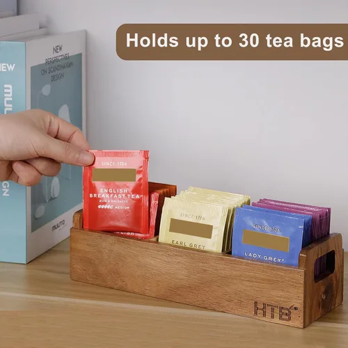 Miniatura 5 de HTB Caja Pequeña de Bolsitas de Té de Madera, 3 Compartimentos, Cofre de Bolsitas de Té de Madera de Acacia con Asa, Mini Contenedor
