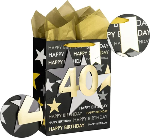 Miniatura 7 de Loveinside Bolsa de regalo de cumpleaños con papel de seda y tarjeta de felicitación para cumpleaños 40 – 10 x 5 x 13 pulgadas, 1 unidad, oro negro