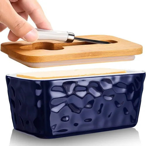 Miniatura 10 de Mantequillera con tapa: plato grande para mantequilla para encimera, recipiente de mantequilla de cerámica con cuchillo doble sello de silicona