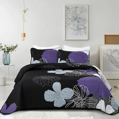 Miniatura 24 de Juego de edredón de 3 piezas con patrón floral azul marino, tamaño Queen, juego de ropa de cama reversible de microfibra con patrón de flores