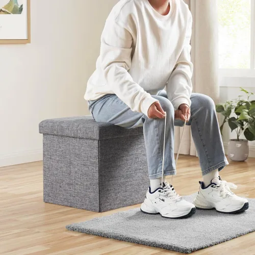 Miniatura 2 de Ornavo Home Otomán de Almacenamiento Plegable de Lino Acolchado Cubo Cuadrado Reposapiés/Asiento - 15" x 15" x 15" (Gris)