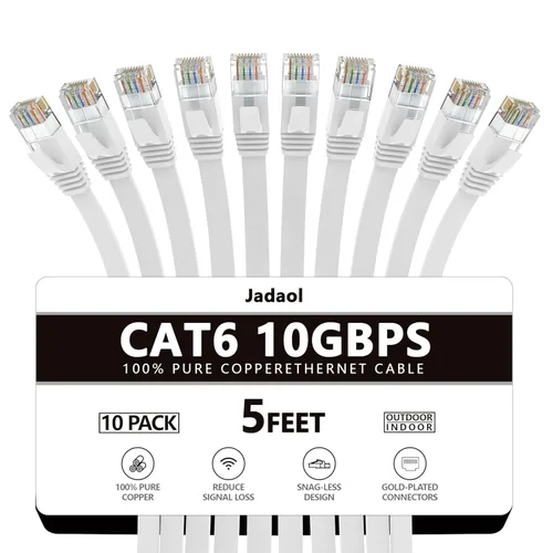 Cable Ethernet Cat 6 de 5 pies (paquete de 6), para exteriores e interiores, compatible con red Cat7 de 10 Gbps, cable de conexión LAN plano de