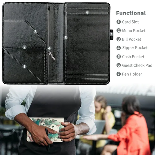 Miniatura 3 de Librería de gato flores lindos libros de servidor para camarera, cartera de cuero para camarero con bolsillo para dinero, 5 x 8 camareras soporte