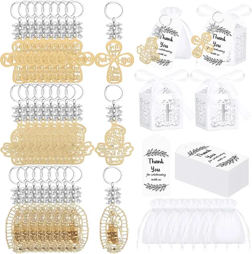 Ecally 120 unidades, 30 juegos de llaveros de fiesta de bautismo, bolsas de organza, cajas de etiquetas, recuerdos de bautizo para cruz de madera,