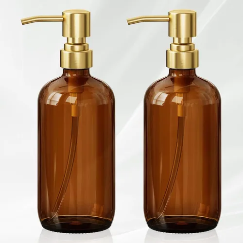 AmazerBath Dispensador de Jabón de Vidrio Ámbar, Juego de 2 Botellas Vintage de Color Marrón con Bomba de Acero Inoxidable, Dispensador de Jabón