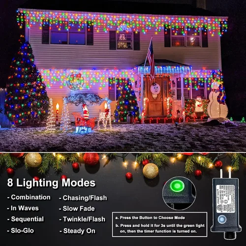 Miniatura 2 de Luces de carámbano para exteriores, 16.5 pies, 200 luces LED de Navidad para exteriores, impermeables, 8 modos de enchufe, cortina de luz conectable